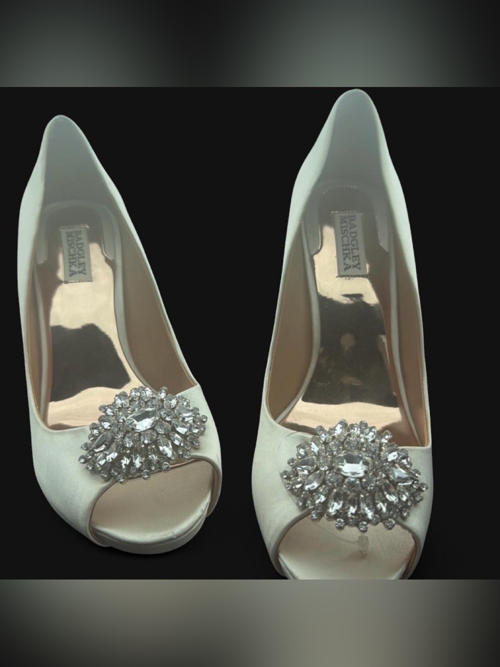 Badgley Mischka Ivory Crystal-Embellished Peep-Toe Pumps